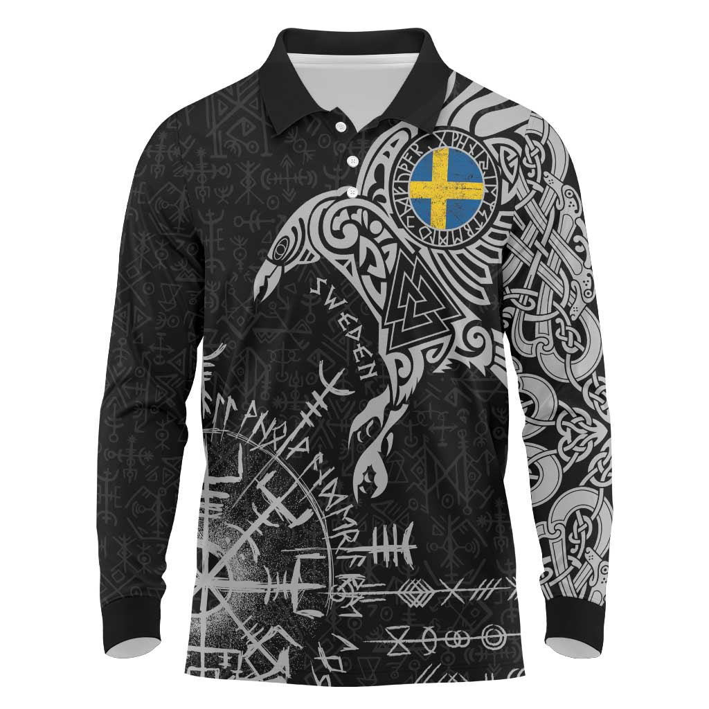 Sweden Viking Ravens Long Sleeve Polo Shirt Vegvisir Runes Pattern - Wonder Print Shop