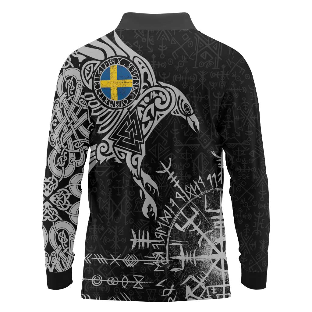 Sweden Viking Ravens Long Sleeve Polo Shirt Vegvisir Runes Pattern - Wonder Print Shop