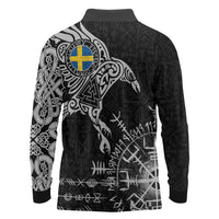 Sweden Viking Ravens Long Sleeve Polo Shirt Vegvisir Runes Pattern - Wonder Print Shop