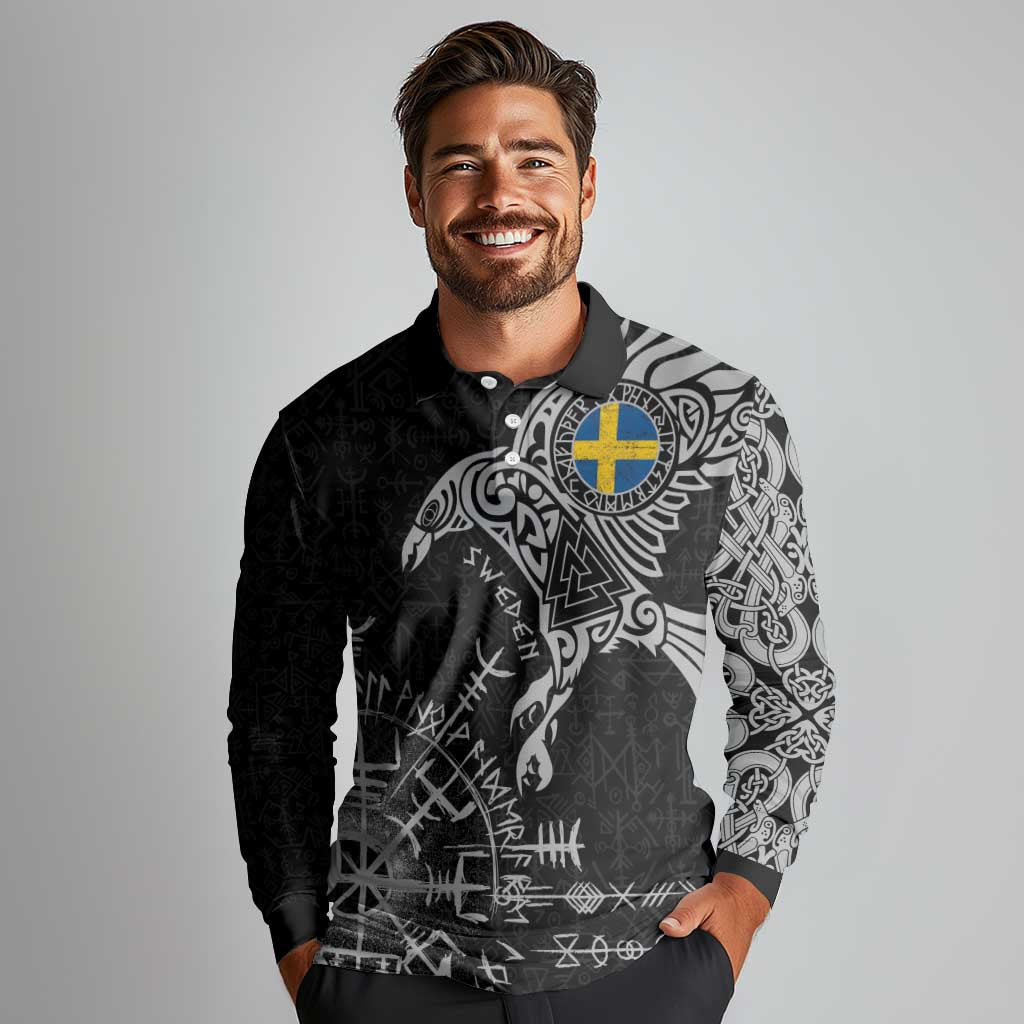 Sweden Viking Ravens Long Sleeve Polo Shirt Vegvisir Runes Pattern - Wonder Print Shop