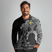 Sweden Viking Ravens Long Sleeve Polo Shirt Vegvisir Runes Pattern - Wonder Print Shop
