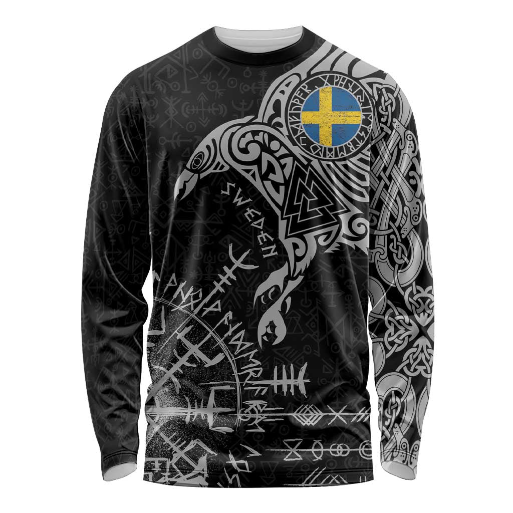 Sweden Viking Ravens Long Sleeve Shirt Vegvisir Runes Pattern - Wonder Print Shop