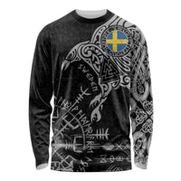 Sweden Viking Ravens Long Sleeve Shirt Vegvisir Runes Pattern - Wonder Print Shop
