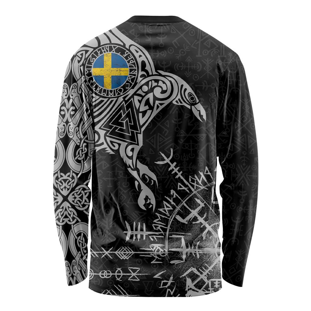 Sweden Viking Ravens Long Sleeve Shirt Vegvisir Runes Pattern - Wonder Print Shop