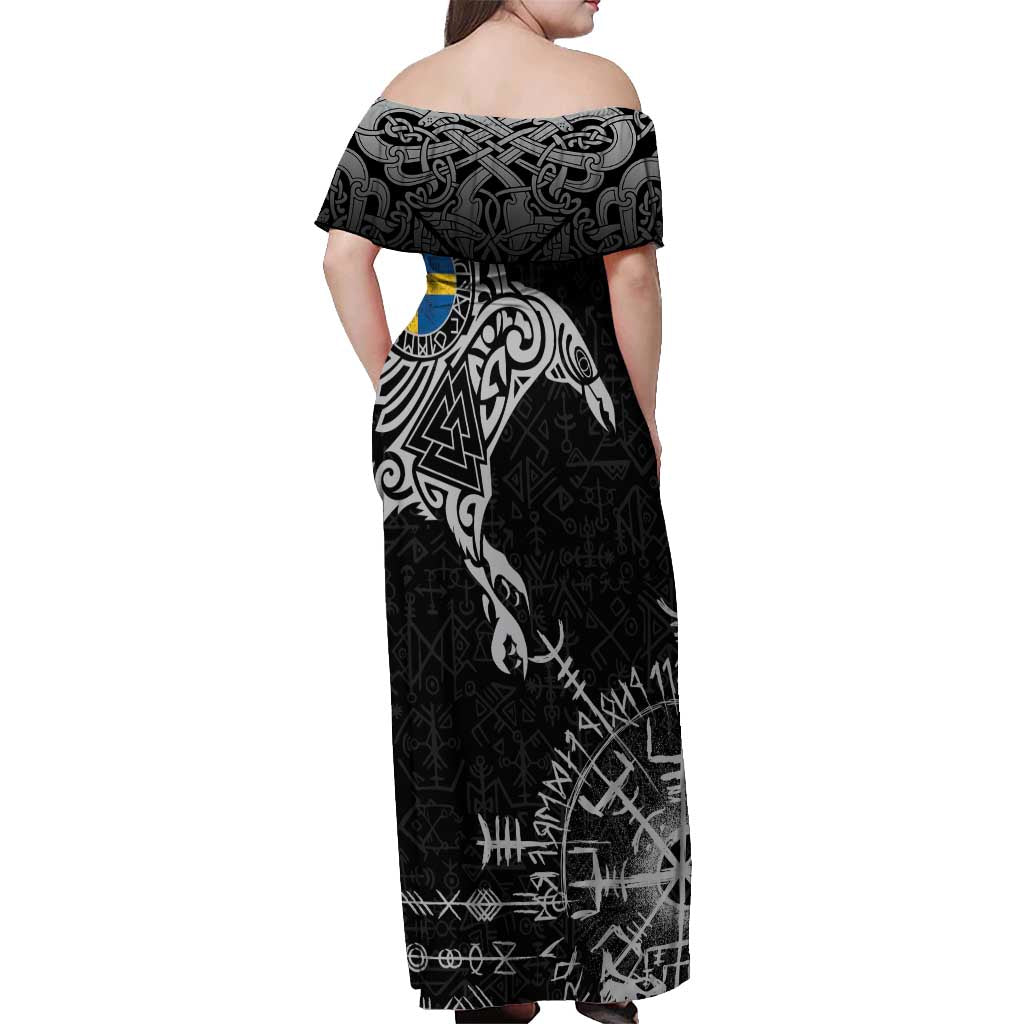 Sweden Viking Ravens Off Shoulder Maxi Dress Vegvisir Runes Pattern - Wonder Print Shop