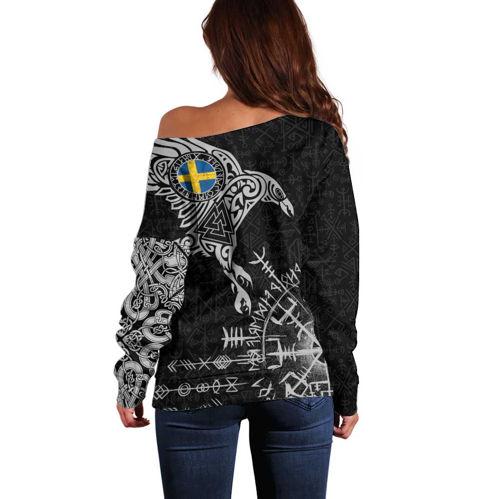 Sweden Viking Ravens Off Shoulder Sweater Vegvisir Runes Pattern - Wonder Print Shop
