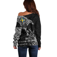 Sweden Viking Ravens Off Shoulder Sweater Vegvisir Runes Pattern - Wonder Print Shop