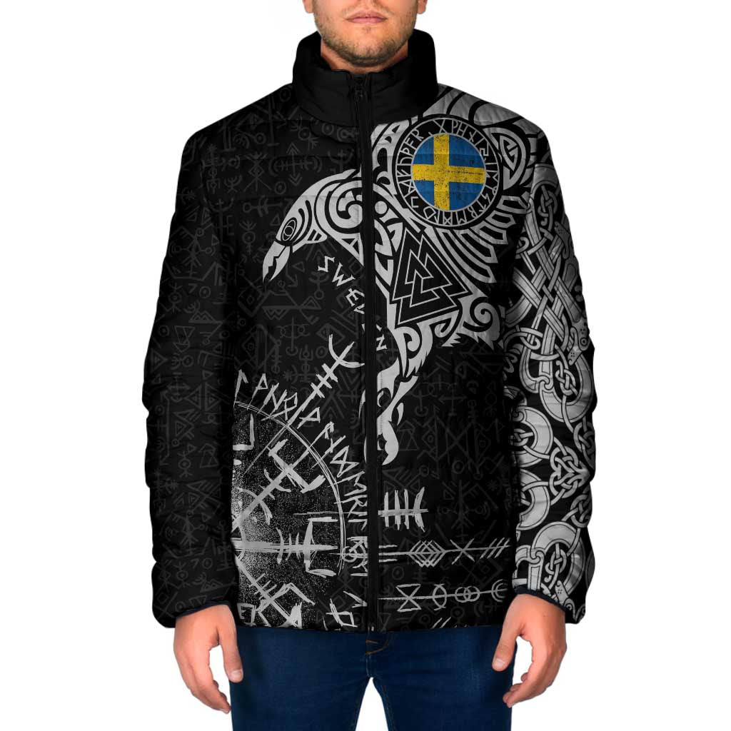 Sweden Viking Ravens Padded Jacket Vegvisir Runes Pattern - Wonder Print Shop