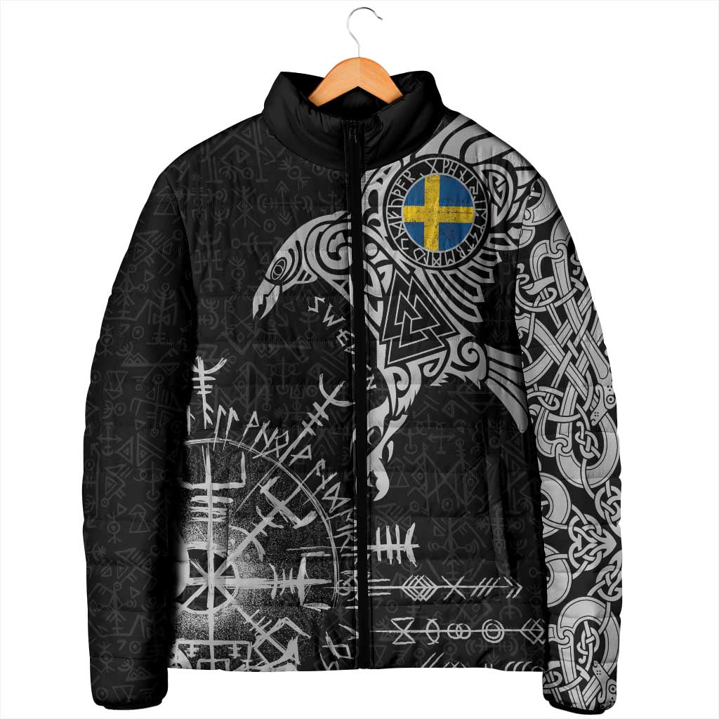 Sweden Viking Ravens Padded Jacket Vegvisir Runes Pattern - Wonder Print Shop