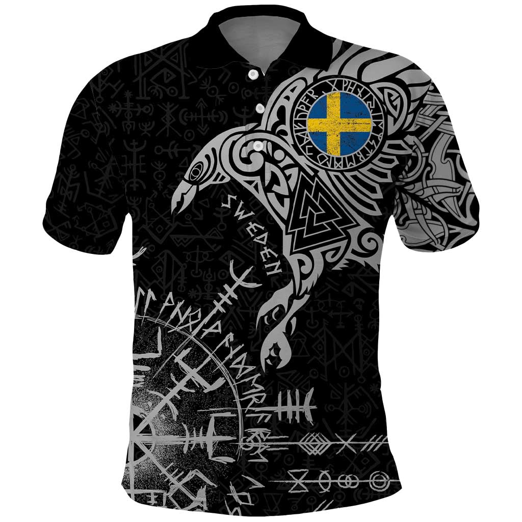 Sweden Viking Ravens Polo Shirt Vegvisir Runes Pattern - Wonder Print Shop