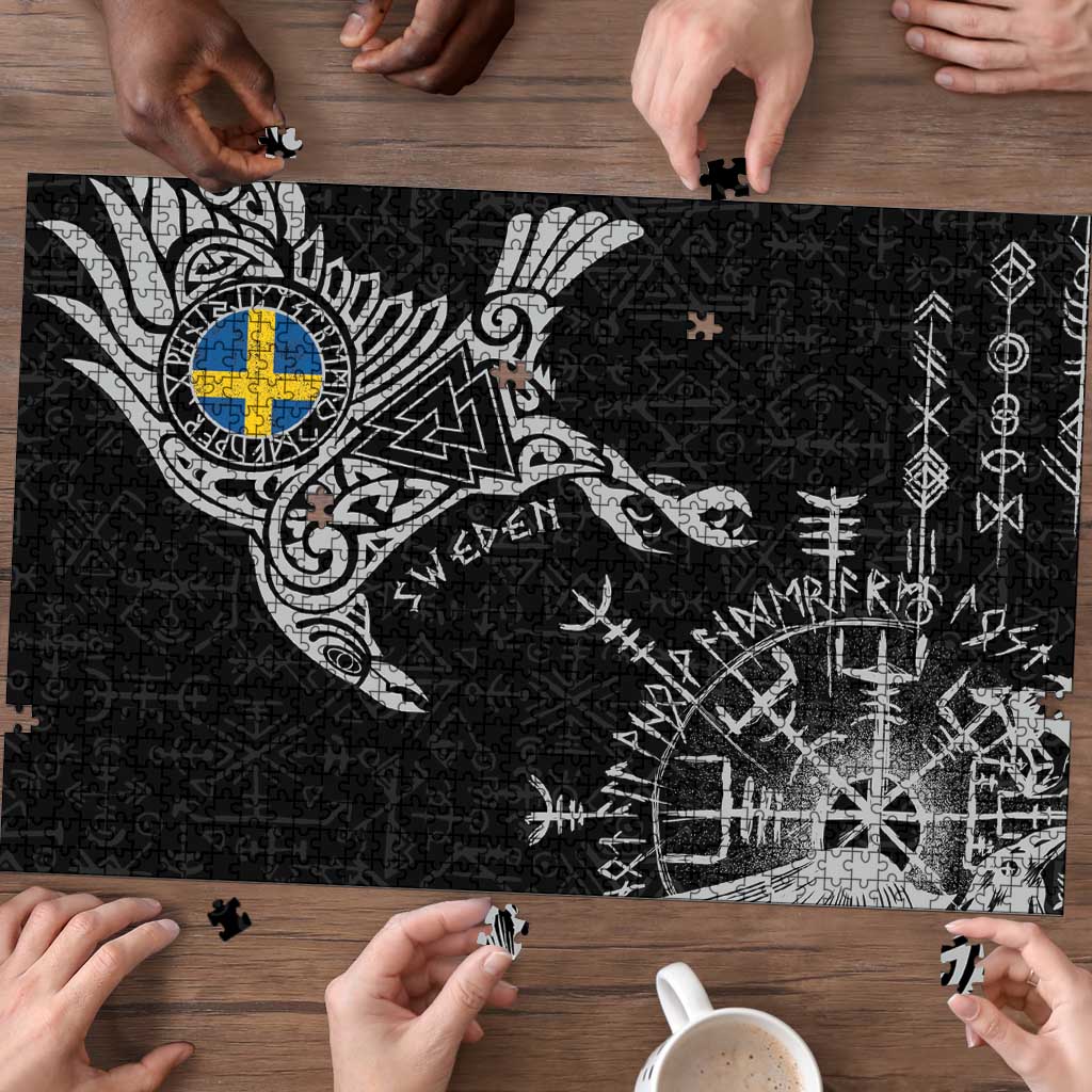 Sweden Viking Ravens Puzzle Vegvisir Runes Pattern - Wonder Print Shop