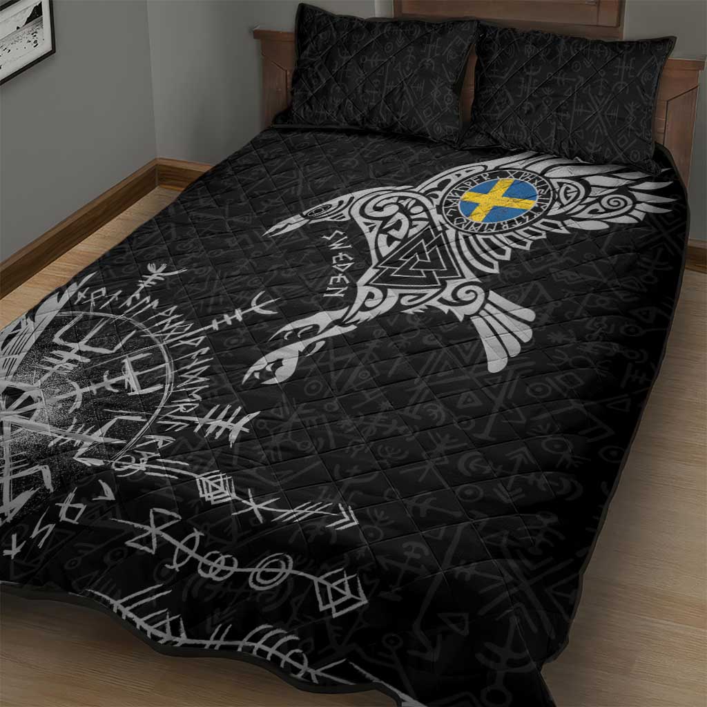 Sweden Viking Ravens Quilt Bed Set Vegvisir Runes Pattern - Wonder Print Shop