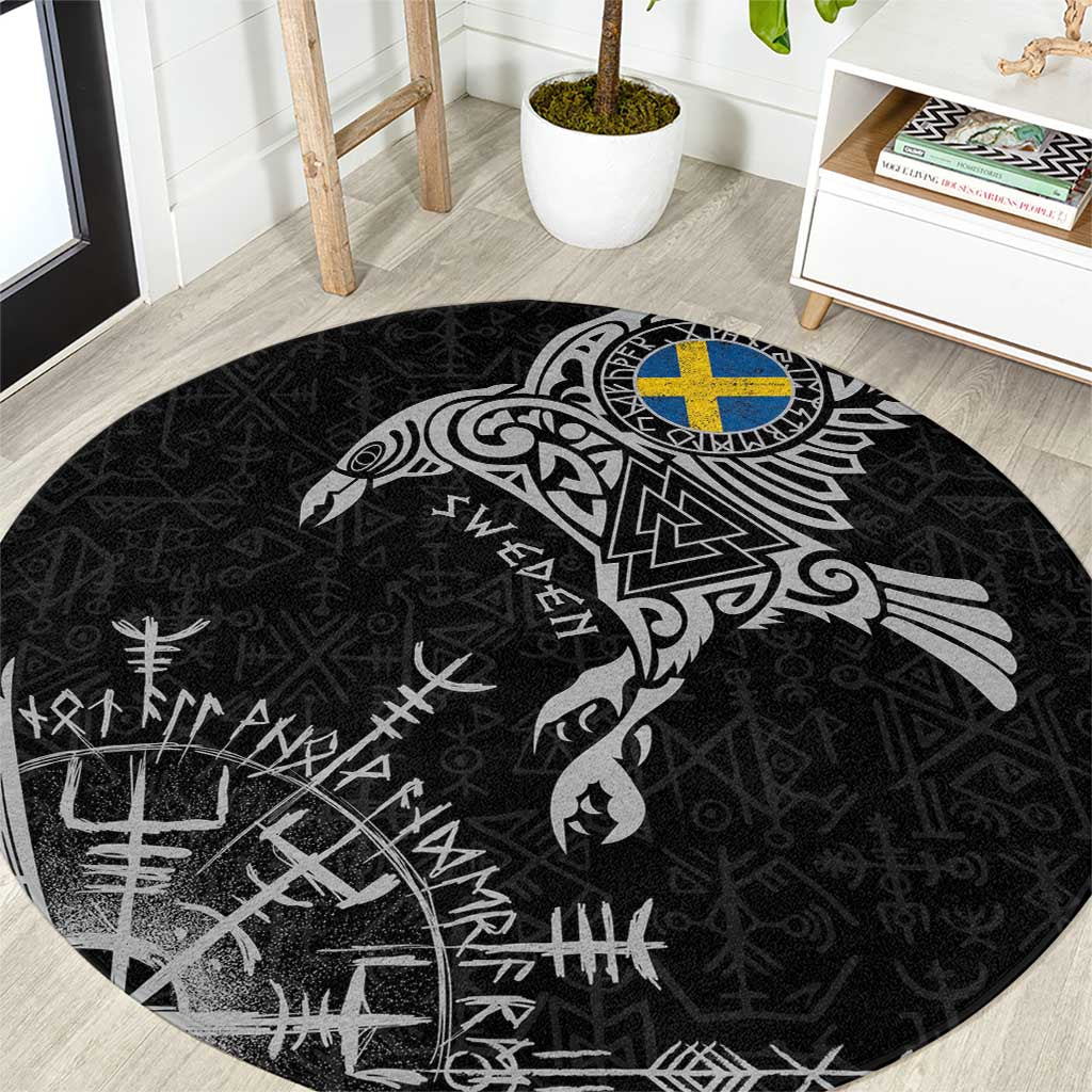 Sweden Viking Ravens Round Carpet Vegvisir Runes Pattern - Wonder Print Shop