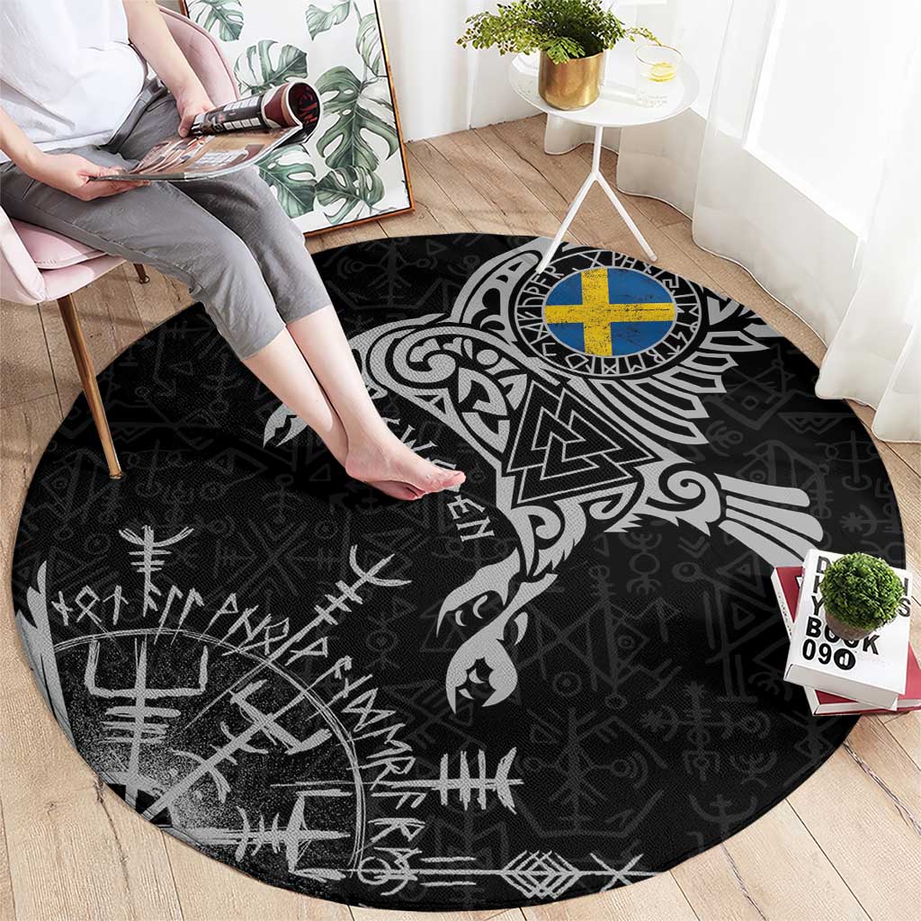 Sweden Viking Ravens Round Carpet Vegvisir Runes Pattern - Wonder Print Shop