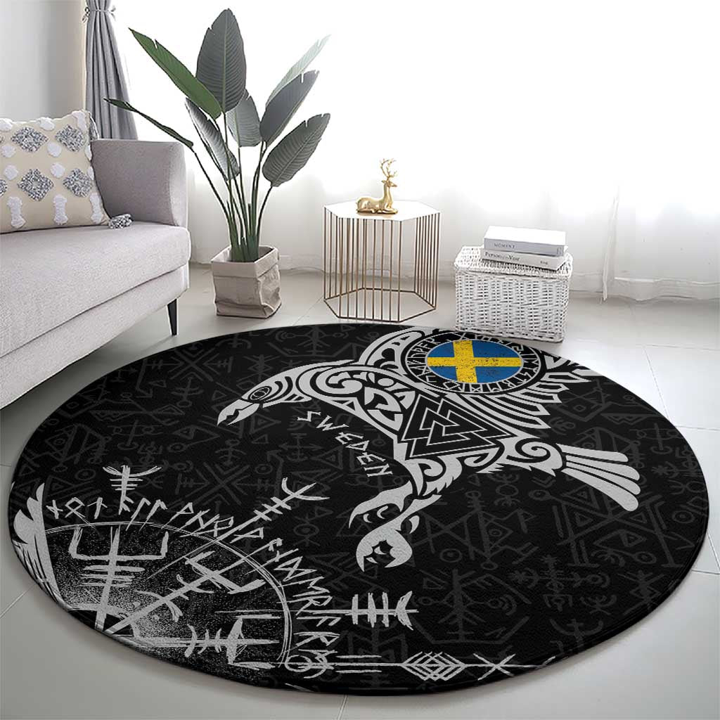 Sweden Viking Ravens Round Carpet Vegvisir Runes Pattern - Wonder Print Shop