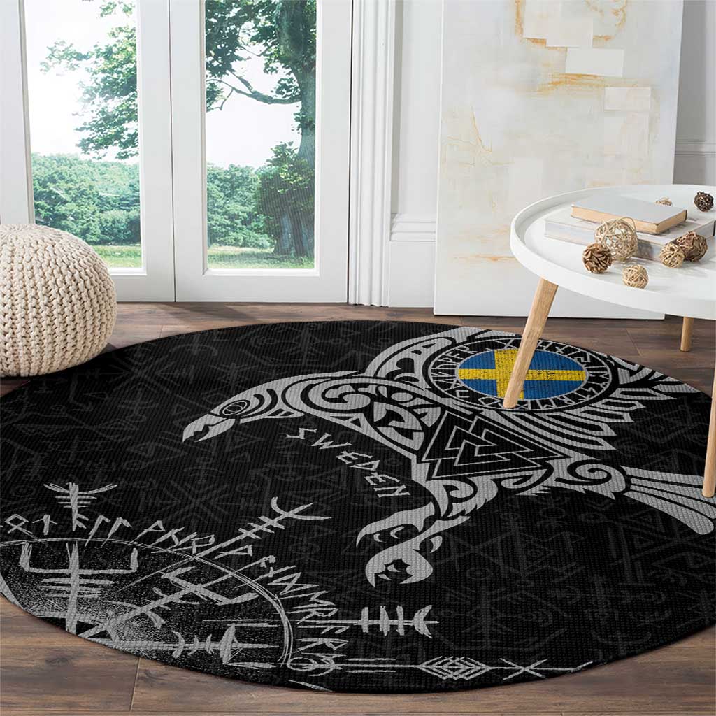 Sweden Viking Ravens Round Carpet Vegvisir Runes Pattern - Wonder Print Shop