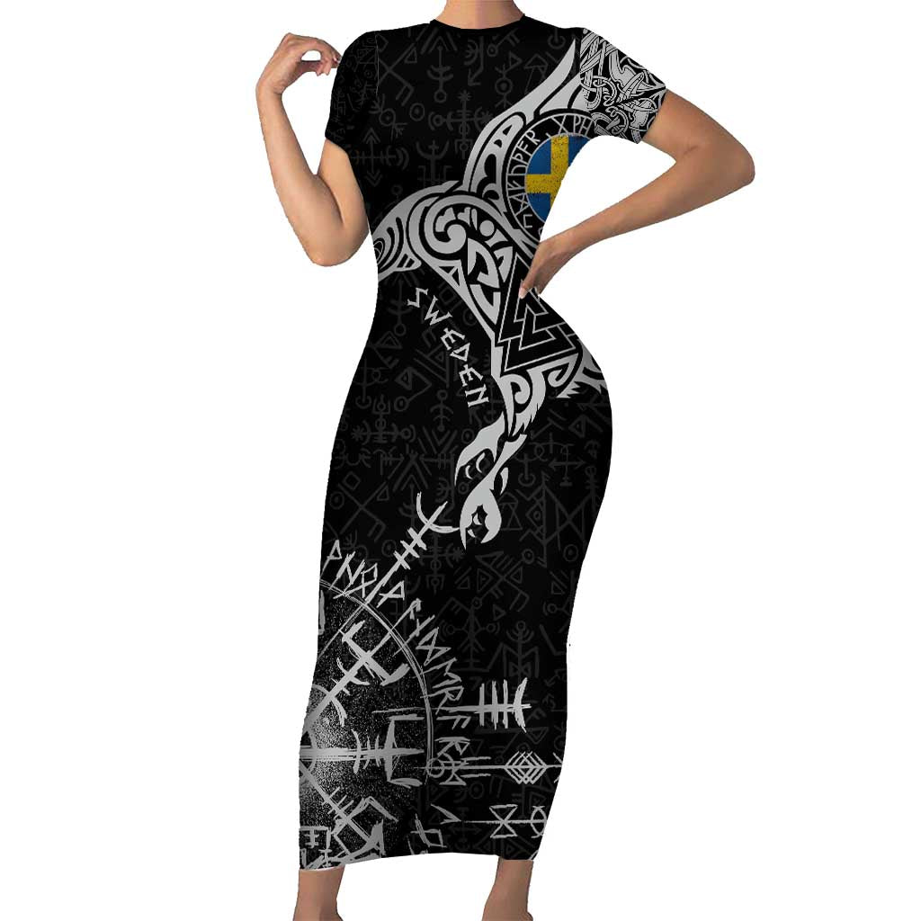 Sweden Viking Ravens Short Sleeve Bodycon Dress Vegvisir Runes Pattern - Wonder Print Shop