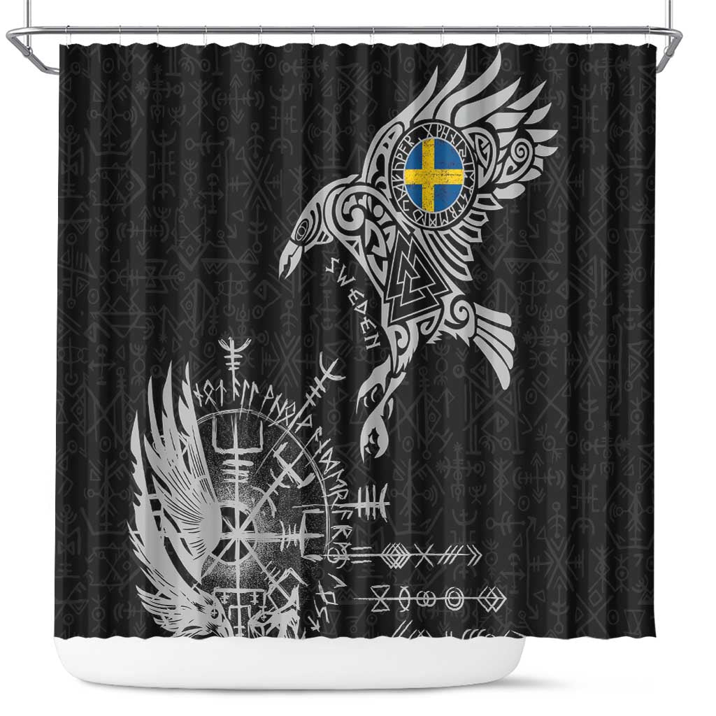 Sweden Viking Ravens Shower Curtain Vegvisir Runes Pattern - Wonder Print Shop
