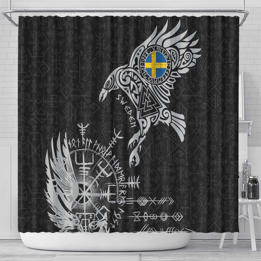 Sweden Viking Ravens Shower Curtain Vegvisir Runes Pattern - Wonder Print Shop