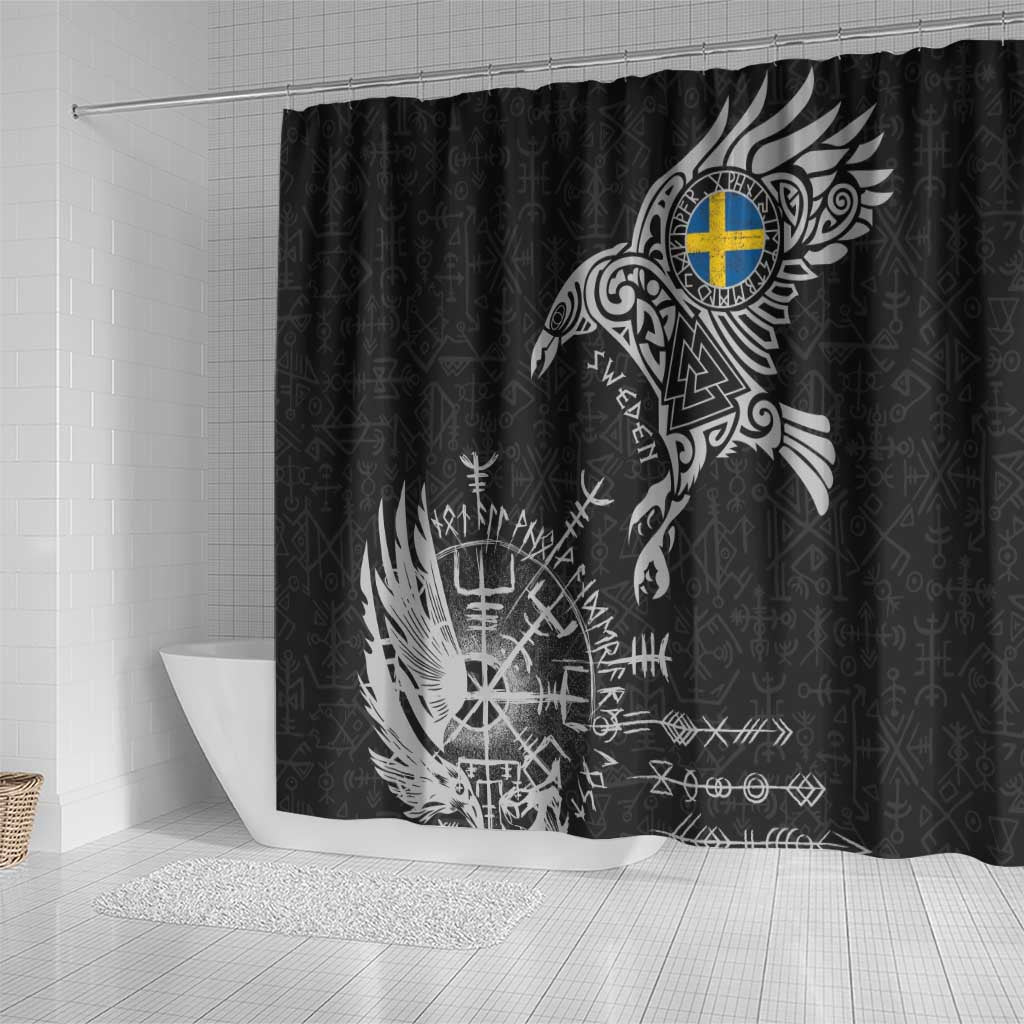 Sweden Viking Ravens Shower Curtain Vegvisir Runes Pattern - Wonder Print Shop