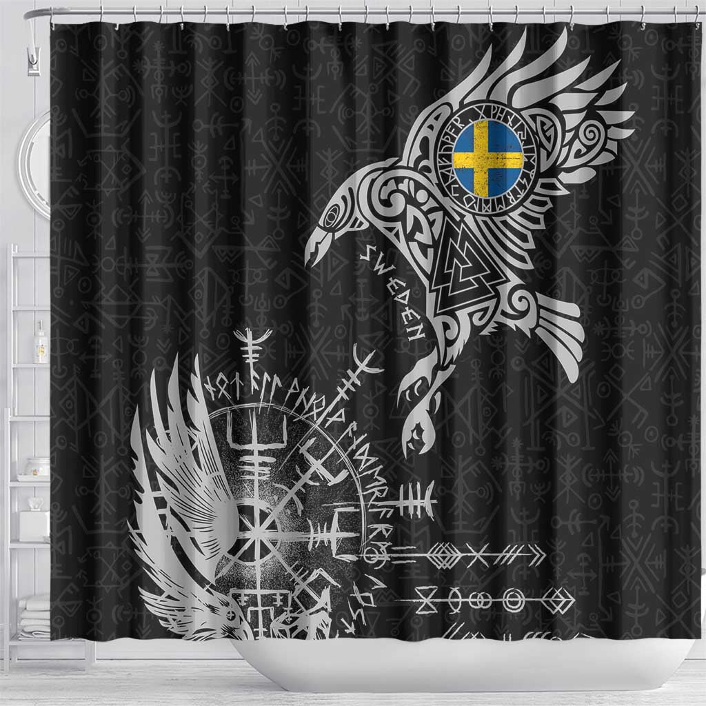 Sweden Viking Ravens Shower Curtain Vegvisir Runes Pattern - Wonder Print Shop