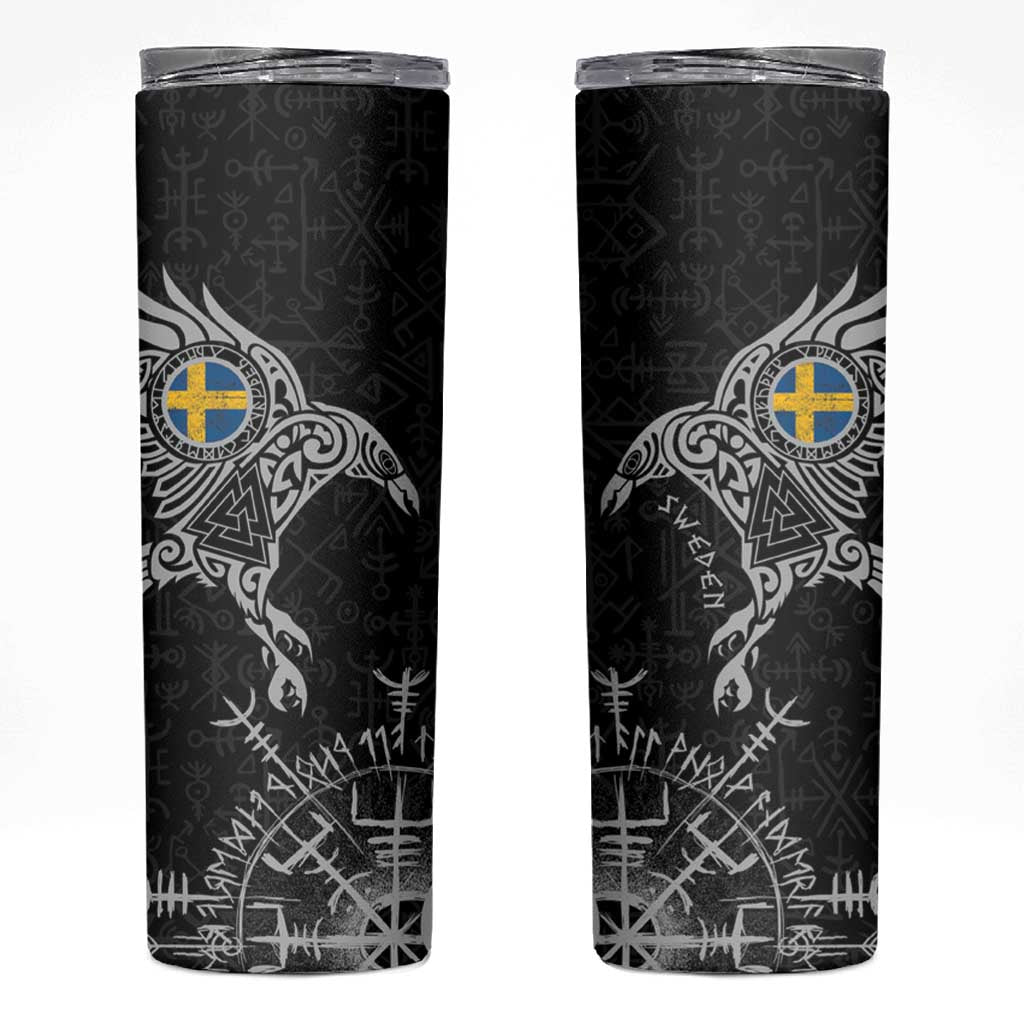 Sweden Viking Ravens Skinny Tumbler Vegvisir Runes Pattern - Wonder Print Shop