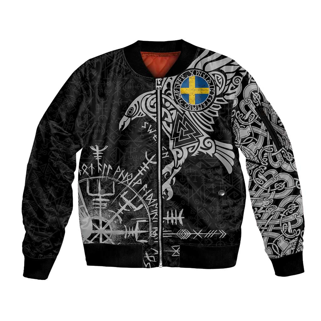Sweden Viking Ravens Sleeve Zip Bomber Jacket Vegvisir Runes Pattern - Wonder Print Shop
