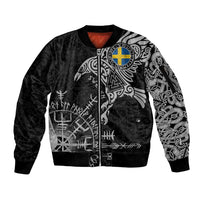 Sweden Viking Ravens Sleeve Zip Bomber Jacket Vegvisir Runes Pattern - Wonder Print Shop