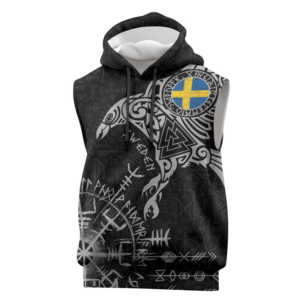 Sweden Viking Ravens Sleeveless Hoodie Vegvisir Runes Pattern - Wonder Print Shop
