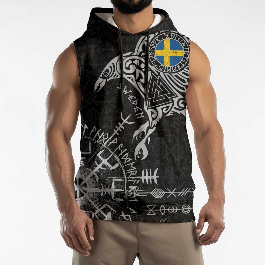 Sweden Viking Ravens Sleeveless Hoodie Vegvisir Runes Pattern - Wonder Print Shop