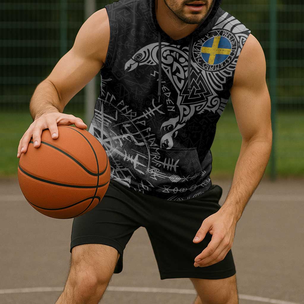Sweden Viking Ravens Sleeveless Hoodie Vegvisir Runes Pattern - Wonder Print Shop