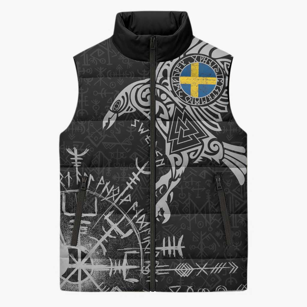 Sweden Viking Ravens Sleeveless Puffer Jacket Vegvisir Runes Pattern - Wonder Print Shop