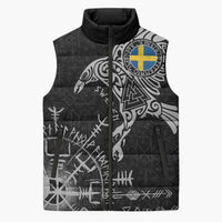 Sweden Viking Ravens Sleeveless Puffer Jacket Vegvisir Runes Pattern - Wonder Print Shop