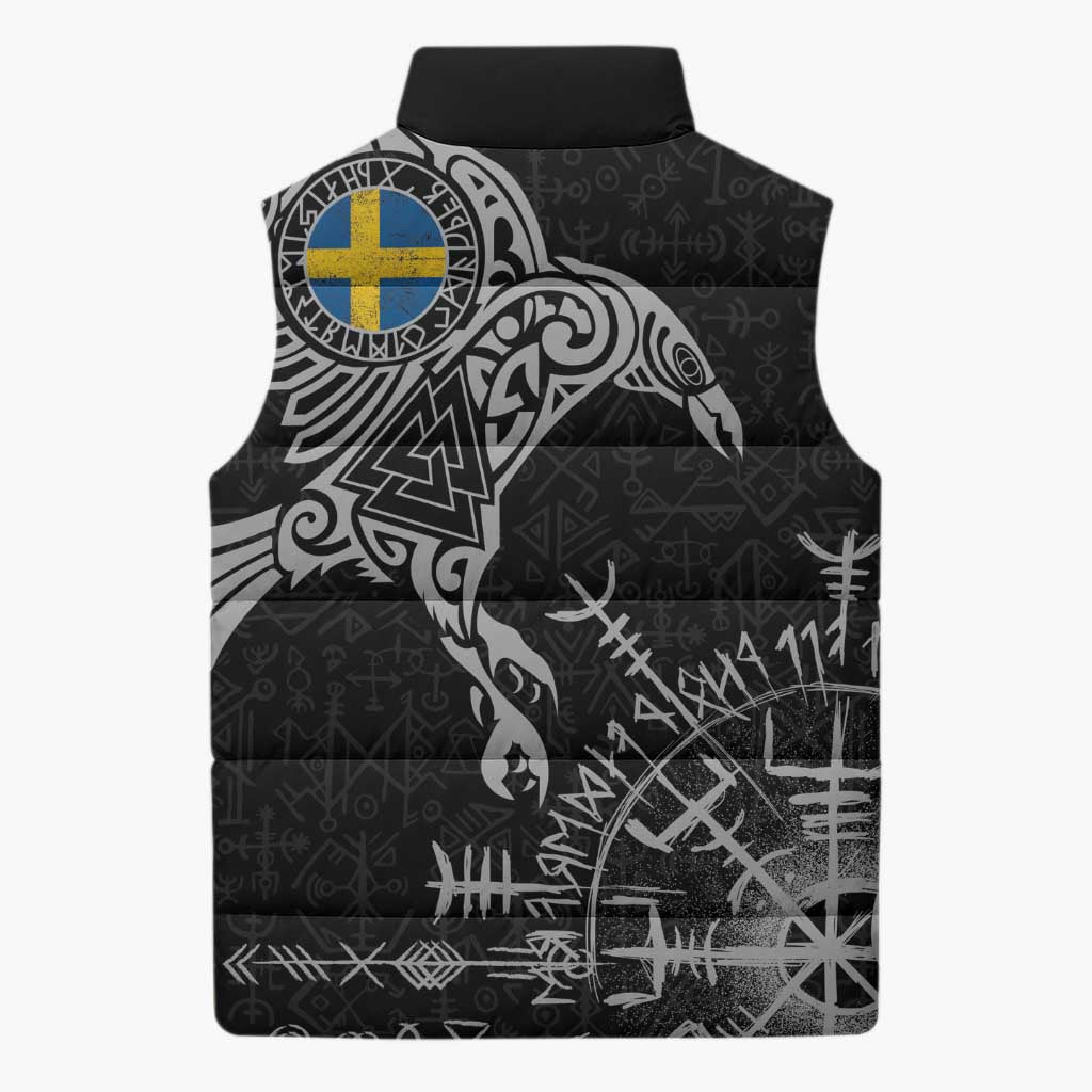 Sweden Viking Ravens Sleeveless Puffer Jacket Vegvisir Runes Pattern - Wonder Print Shop