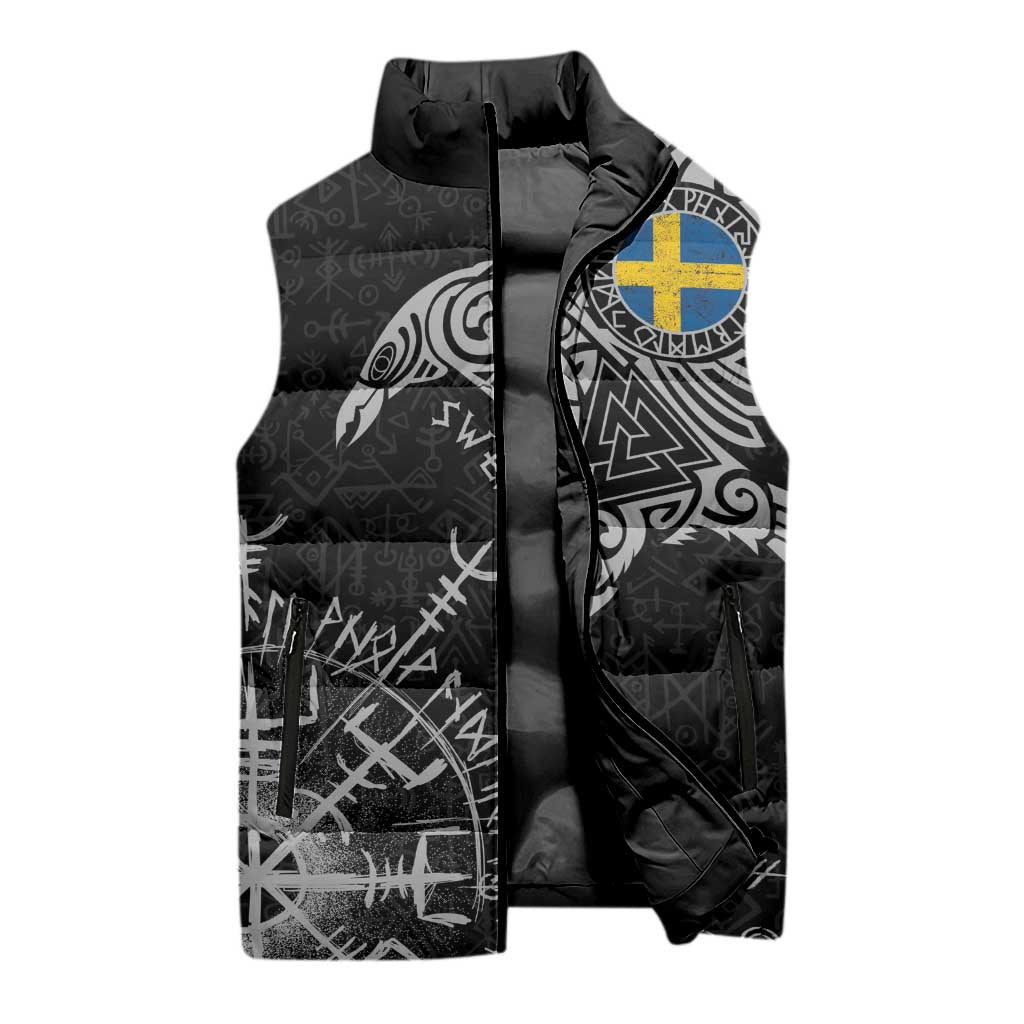 Sweden Viking Ravens Sleeveless Puffer Jacket Vegvisir Runes Pattern - Wonder Print Shop