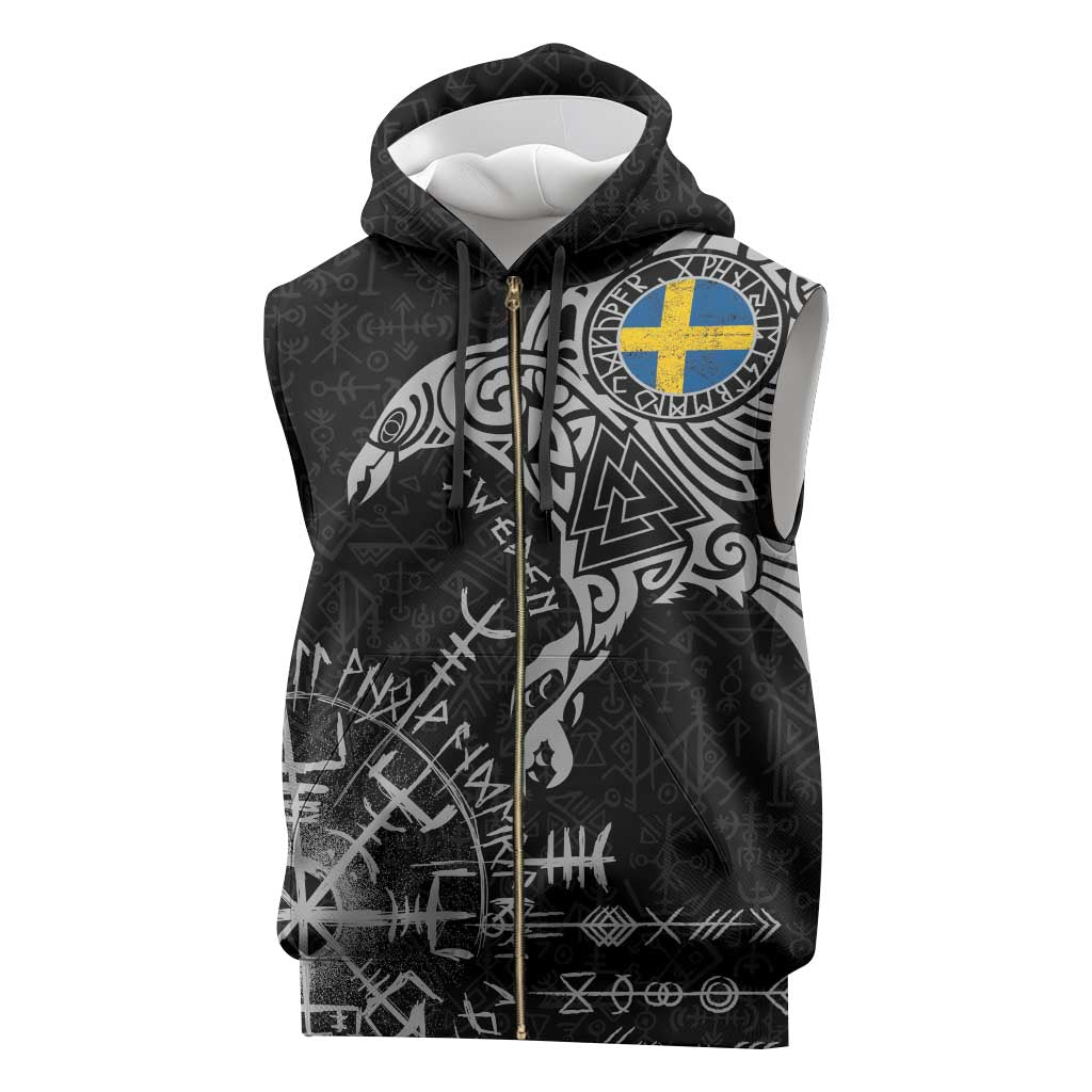 Sweden Viking Ravens Sleeveless Zip Hoodie Vegvisir Runes Pattern - Wonder Print Shop