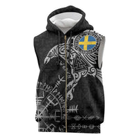 Sweden Viking Ravens Sleeveless Zip Hoodie Vegvisir Runes Pattern - Wonder Print Shop