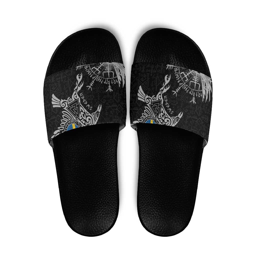 Sweden Viking Ravens Slide Sandals Vegvisir Runes Pattern - Wonder Print Shop