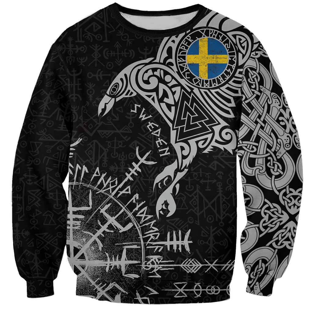 Sweden Viking Ravens Sweatshirt Vegvisir Runes Pattern - Wonder Print Shop