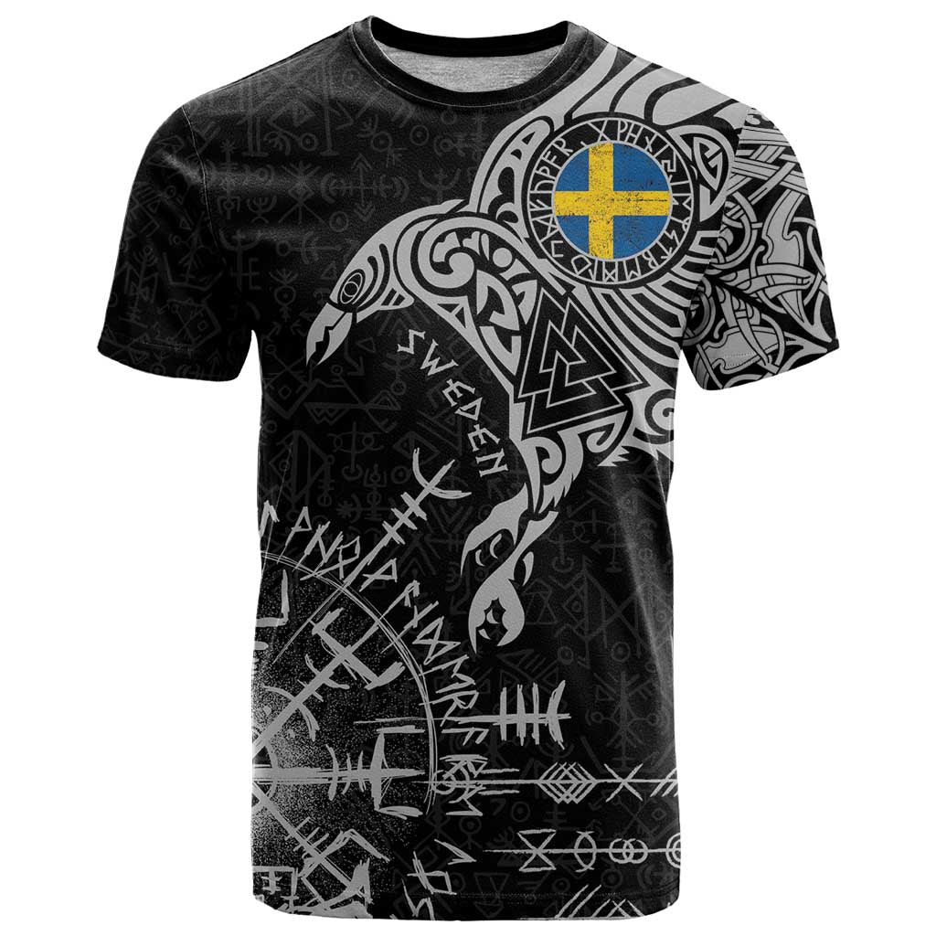 Sweden Viking Ravens T Shirt Vegvisir Runes Pattern - Wonder Print Shop