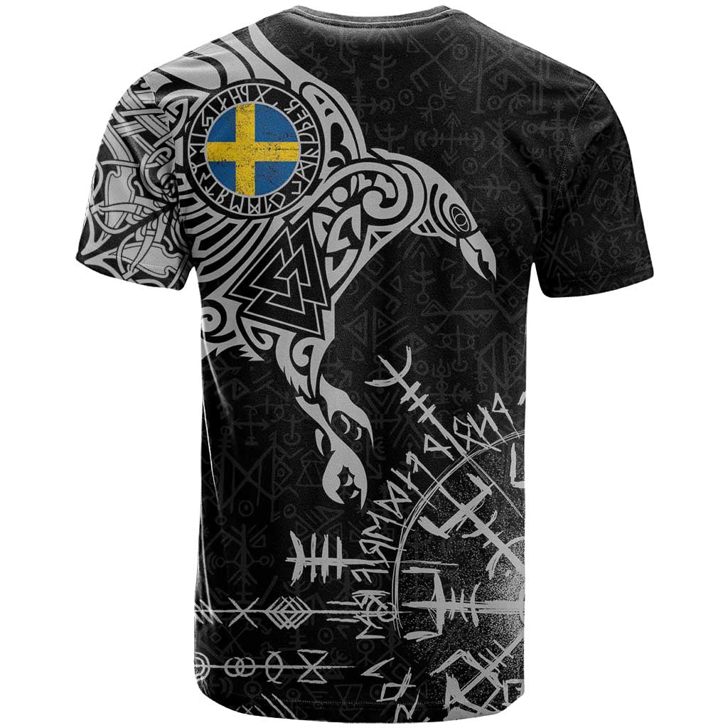Sweden Viking Ravens T Shirt Vegvisir Runes Pattern - Wonder Print Shop