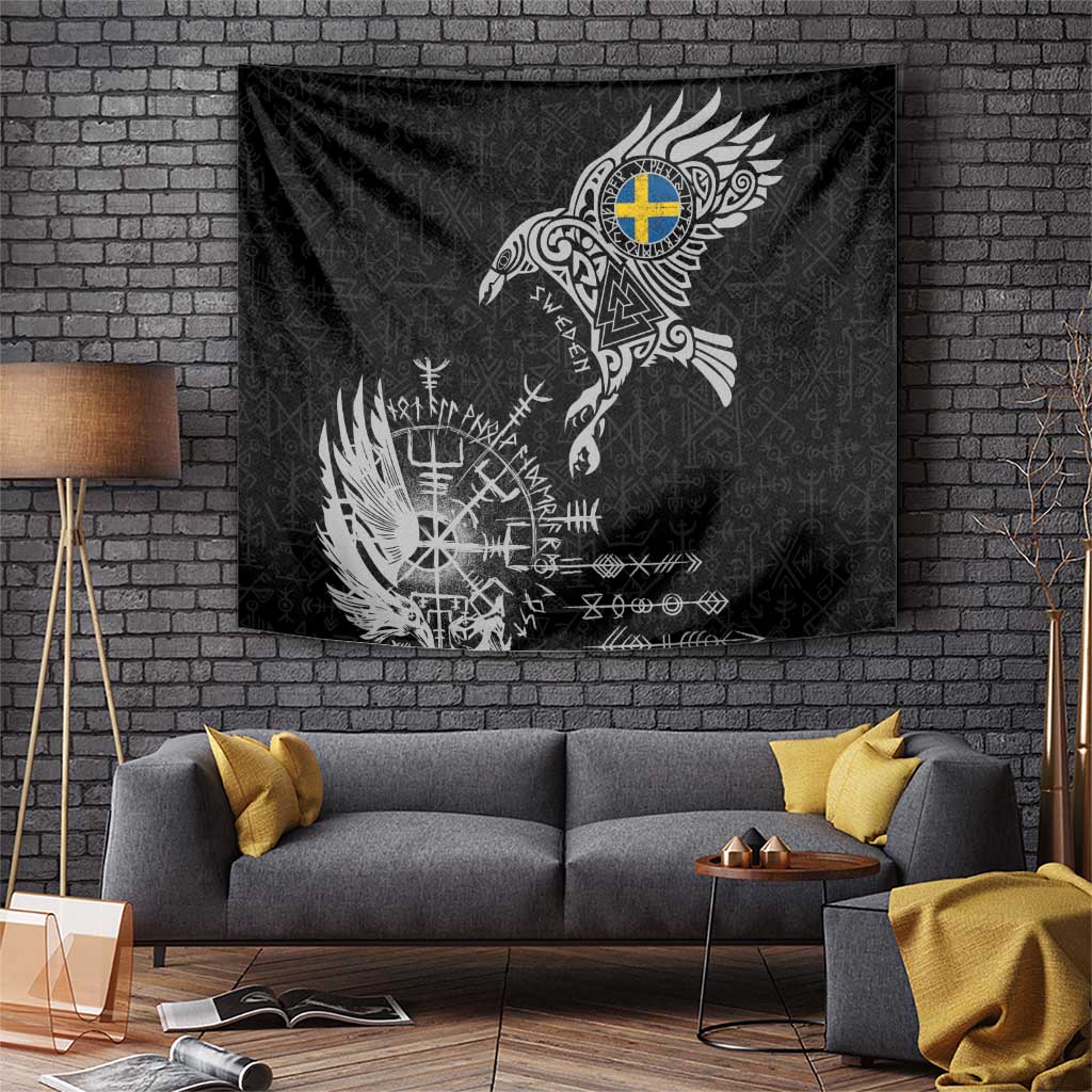 Sweden Viking Ravens Tapestry Vegvisir Runes Pattern - Wonder Print Shop