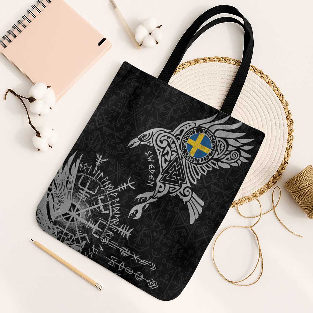 Sweden Viking Ravens Tote Bag Vegvisir Runes Pattern - Wonder Print Shop