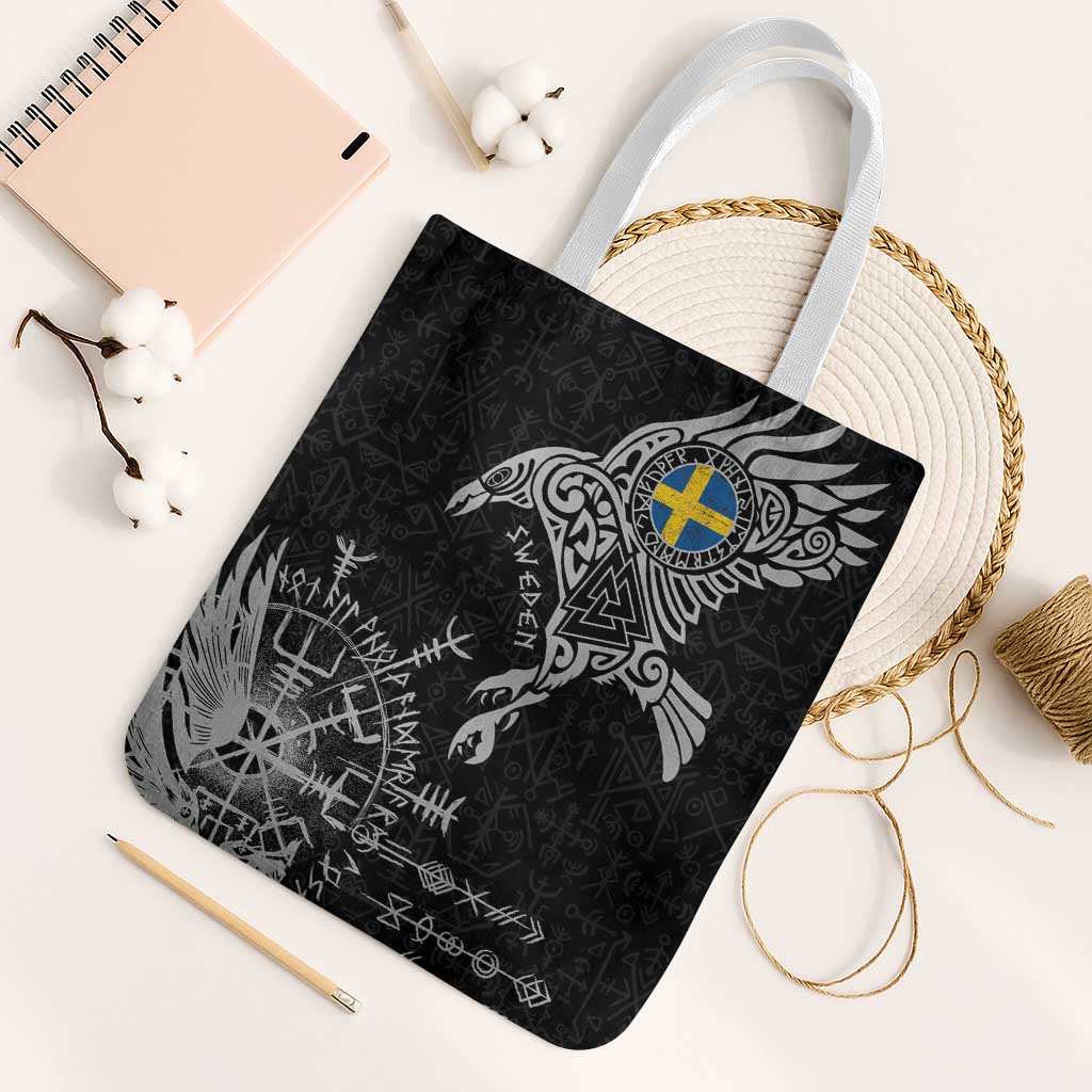 Sweden Viking Ravens Tote Bag Vegvisir Runes Pattern - Wonder Print Shop