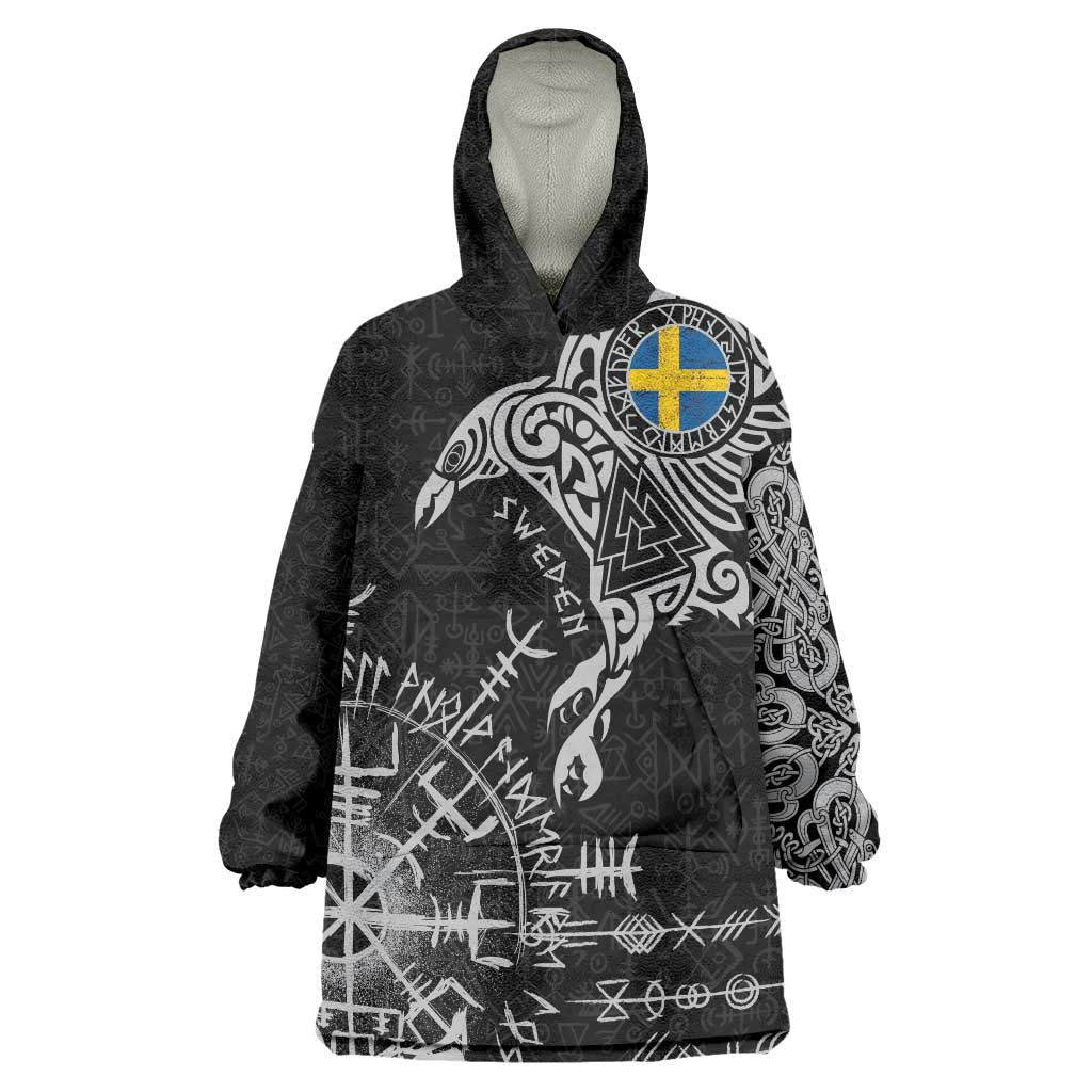 Sweden Viking Ravens Wearable Blanket Hoodie Vegvisir Runes Pattern - Wonder Print Shop