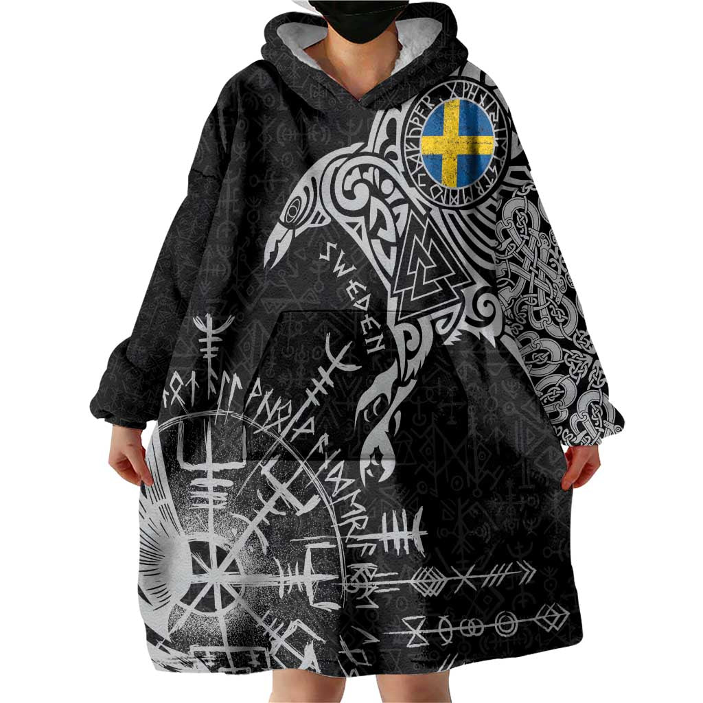 Sweden Viking Ravens Wearable Blanket Hoodie Vegvisir Runes Pattern - Wonder Print Shop