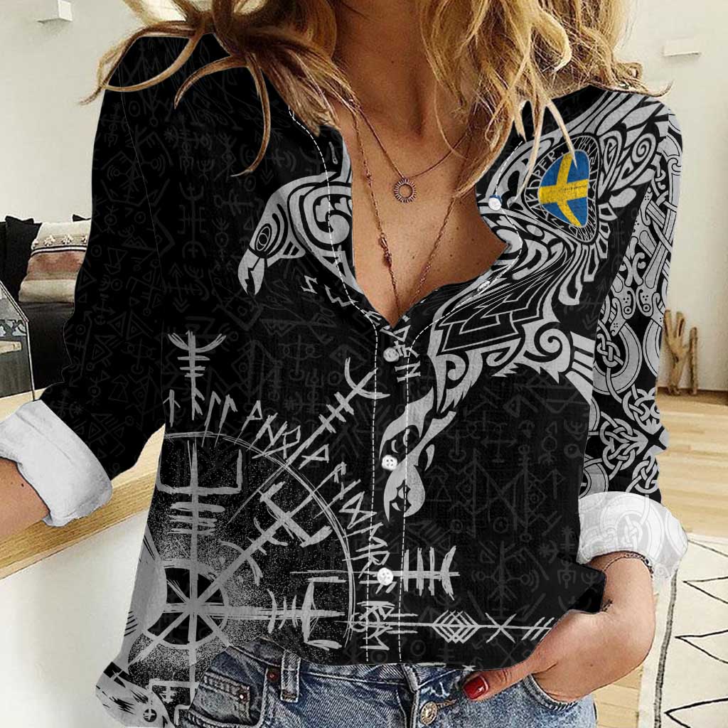 Sweden Viking Ravens Women Casual Shirt Vegvisir Runes Pattern - Wonder Print Shop