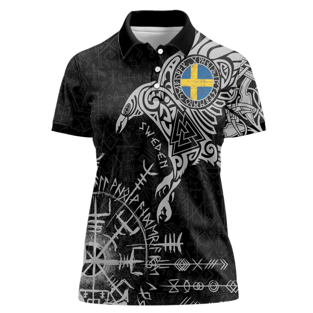 Sweden Viking Ravens Women Polo Shirt Vegvisir Runes Pattern - Wonder Print Shop