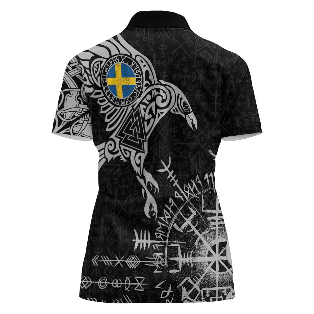 Sweden Viking Ravens Women Polo Shirt Vegvisir Runes Pattern - Wonder Print Shop