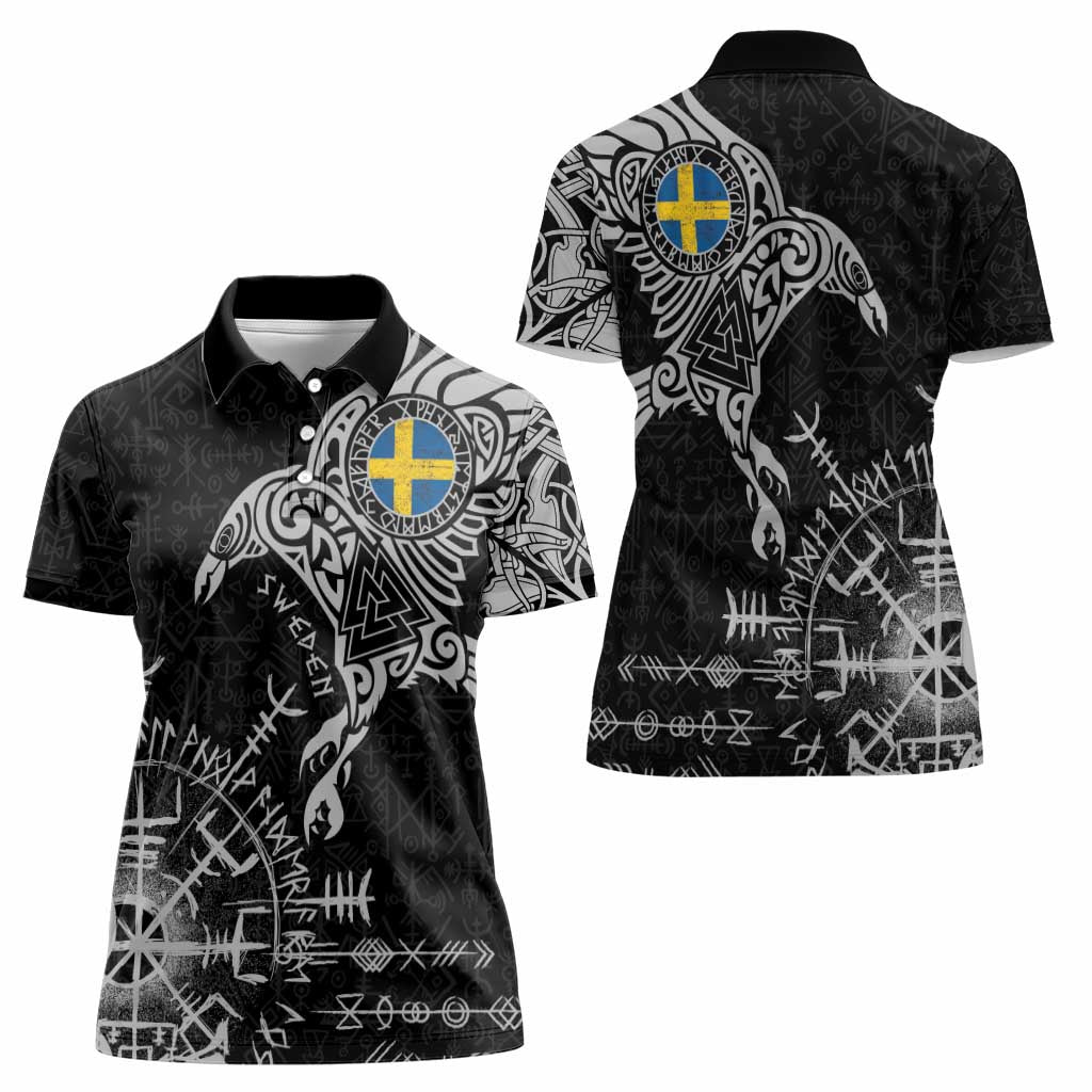 Sweden Viking Ravens Women Polo Shirt Vegvisir Runes Pattern - Wonder Print Shop